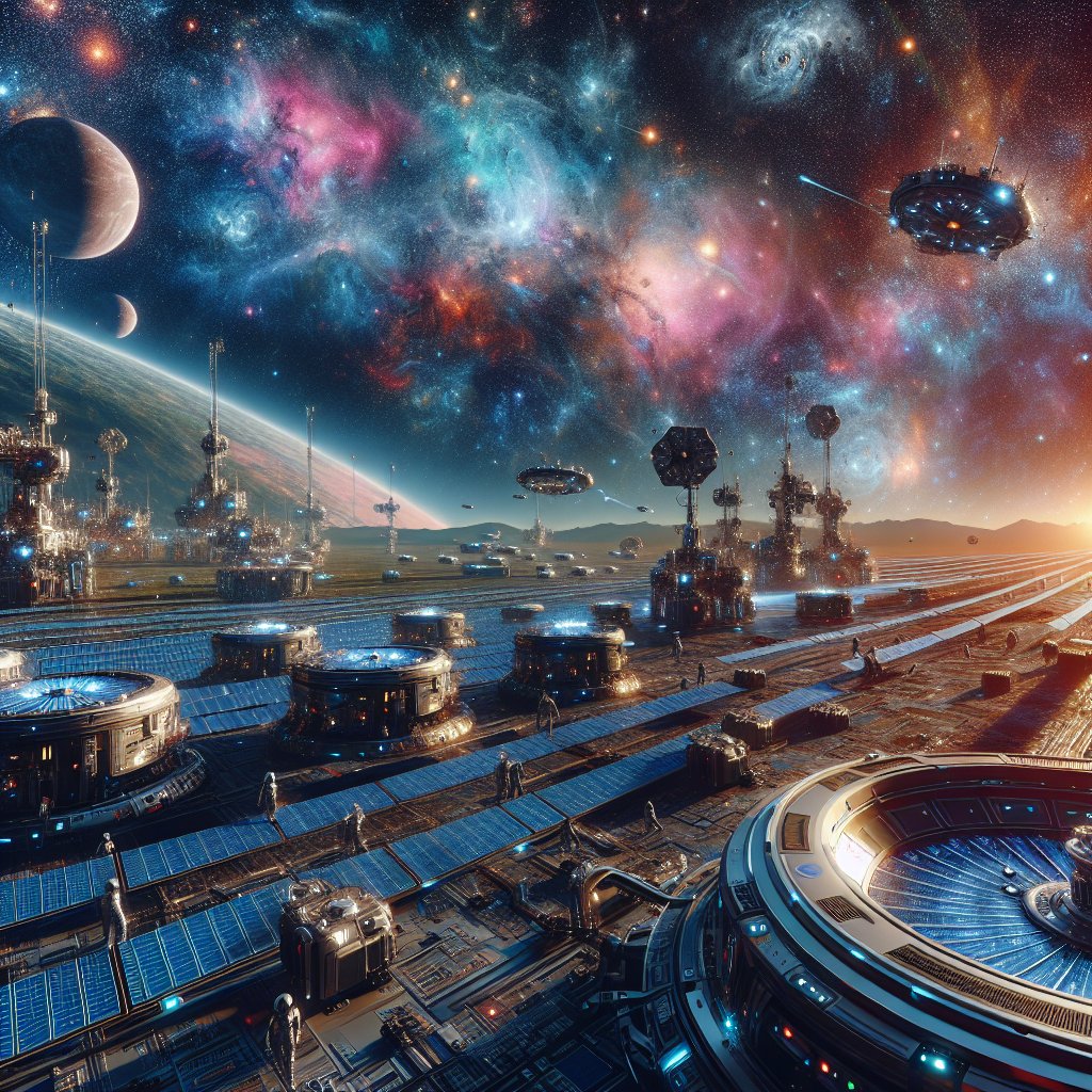 "民間企業の宇宙開発プロジェクトのイメージ - 宇宙船、ロケット、革新的な技術が描かれた未来的な風景"