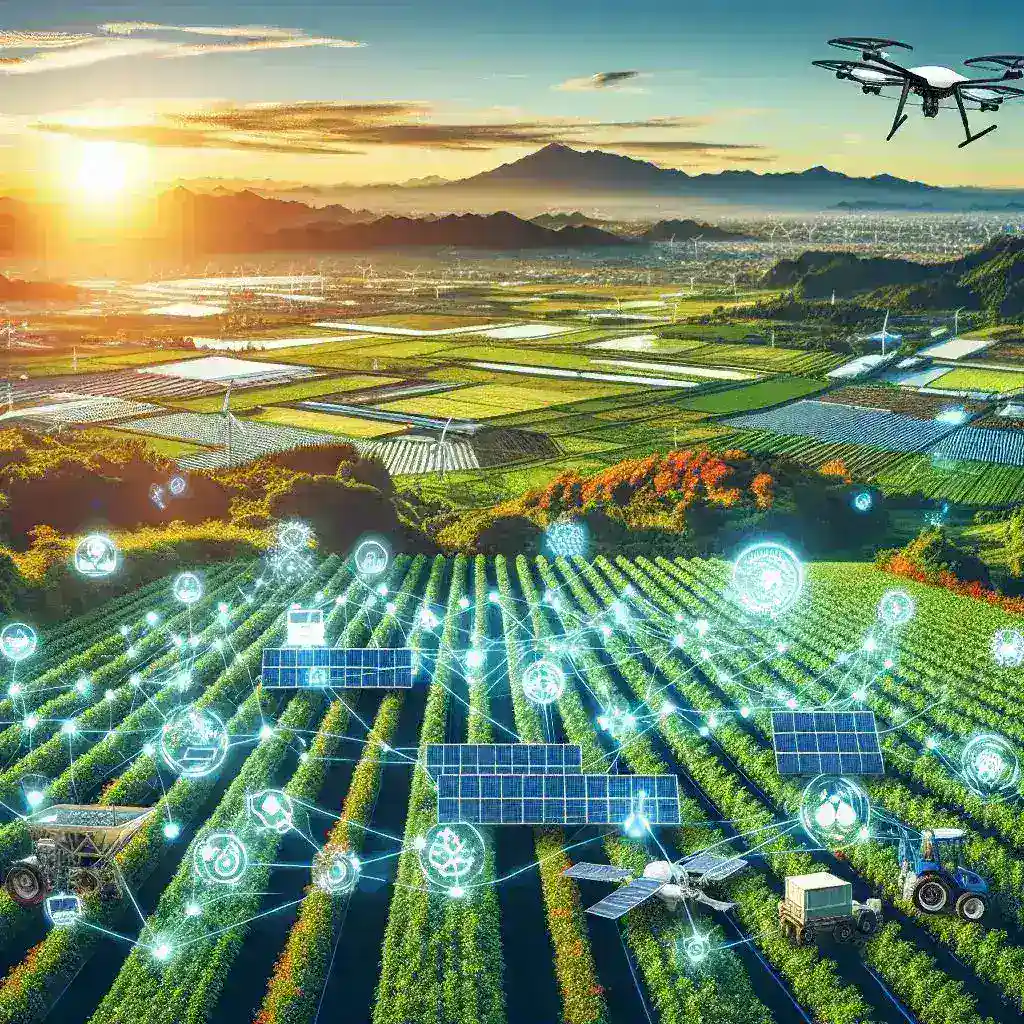 "スマート農業の革新を象徴する最新技術を使用する日本の農家の風景。ドローン、センサー、人工知能が集まる先進的な農業の現場をイメージ。"