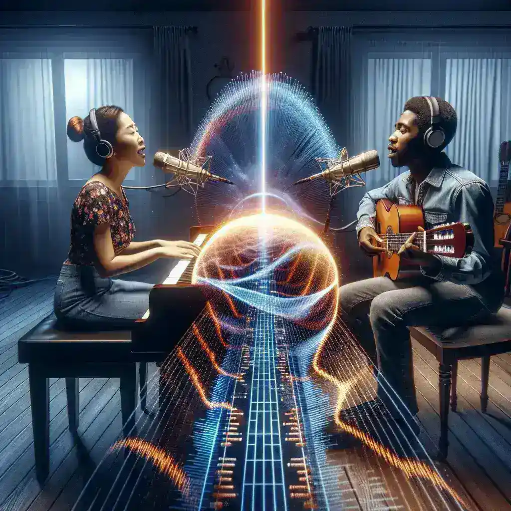 "NTT光通信技術により数十km離れた相手とリアルタイムで楽曲デュエットを可能にする様子を示す画像"